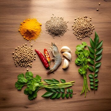 Rustic Flat Lay of Curry Spices Including Turmeric Cumin Coriander Seeds and Fresh Herbs on Dark Stone Background for Traditional Prawn Curry Preparation