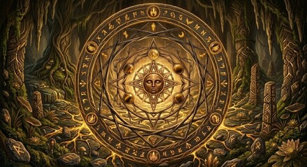 Obraz premium Earth Magic Circle in Cave, Golden Brown Arcane Symbol