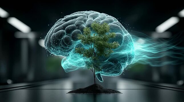 AI data brain merging with green plant on boardroom table