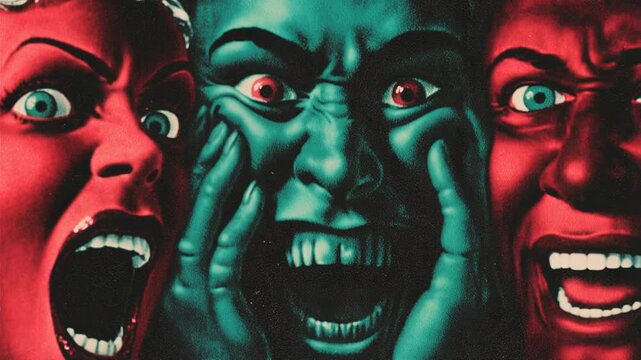 Close-up of screaming faces in red and blue, conveying intense emotion and horror. Multiple faces contorted in screams, alternating between red and teal hues with a vivid