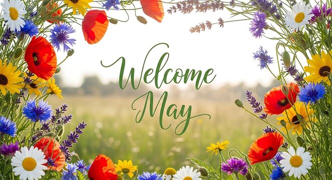 welcome may floral wreath with vibrant wildflowers and handwritten greeting in spring meadow
