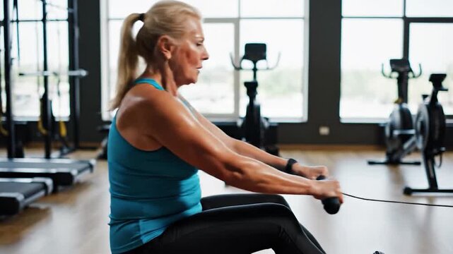 An older woman is exercising on a rowing machine in a fitness center, working on her physical health and wellness goals