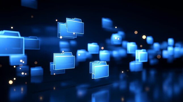 Glowing digital file folders in abstract document management system