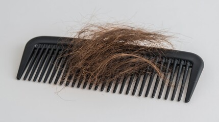 Obraz premium A black plastic comb with trapped brown hair strands isolated on a stark white surface for a minimalist look.