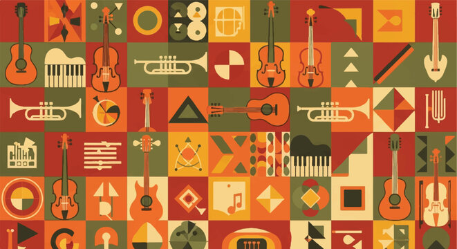 Musical instruments patterned illustration guitars violins trumpets and piano keys