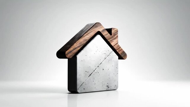 Stylized house icon made of concrete block base and wooden roof on reflective white surface, minimalist studio lighting, modern real estate concept