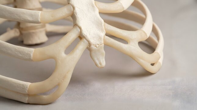 Anatomical model of human rib cage and sternum with cartilage connections on a plain light gray textured background