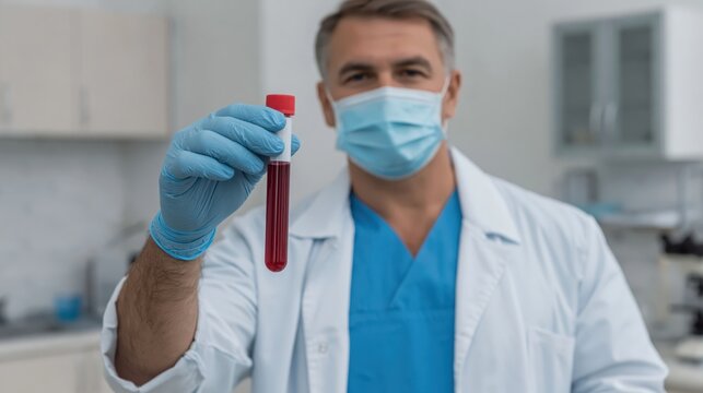 Doctor's hand holding a blood sample tube for a chlamydia test in a clinical laboratory setting.