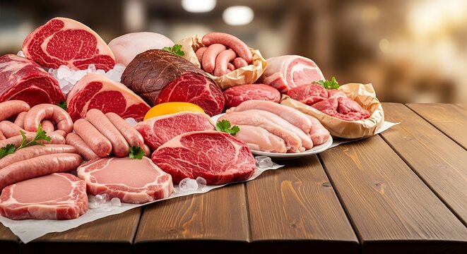 Raw meat selection displayed in a butcher shop