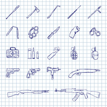 Blue Ink Sketch Set of Weapon Icons
