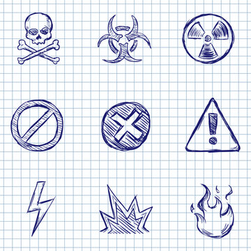 Blue Ink Sketch Set of Warning Icons