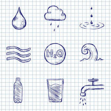 Blue Ink Sketch Set of Water Icons