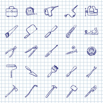 Blue Ink Sketch Icons Set of Worktools