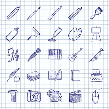 Blue Ink Sketch Set of Art and Creativity Icons