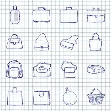 Blue Ink Sketch Set of Bags Icons