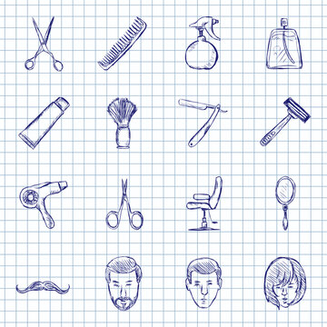 Blue Ink Sketch Set of Barbershop Icons