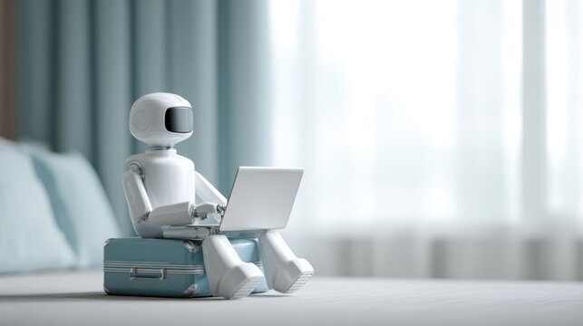 AI robot helping travel agent plan vacation itinerary on computer