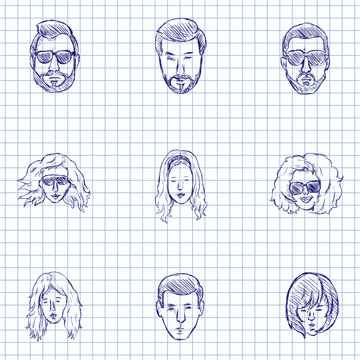 Blue Ink Sketch Set of Face Icons