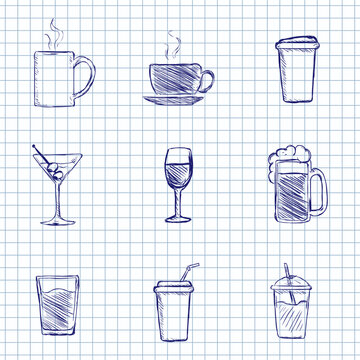 Blue Ink Sketch Set of Drink Icons