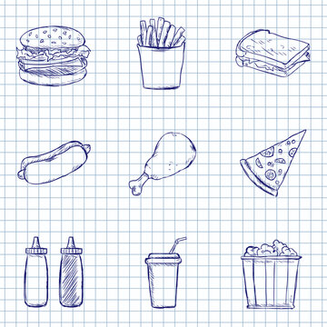 Blue Ink Sketch Set of Fast Food Icons