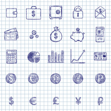 Blue Ink Sketch Set of Finance Icons