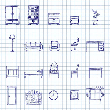Blue Ink Sketch Set of Furniture Icons