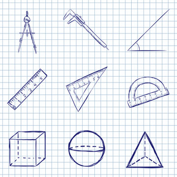 Blue Ink Sketch Set of Geometry Icons