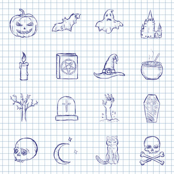 Blue Ink Sketch Set of Halloween Icons