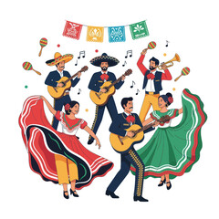 Mexican Mariachi Band Dancing and Playing Music, Festive Celebration © Apel