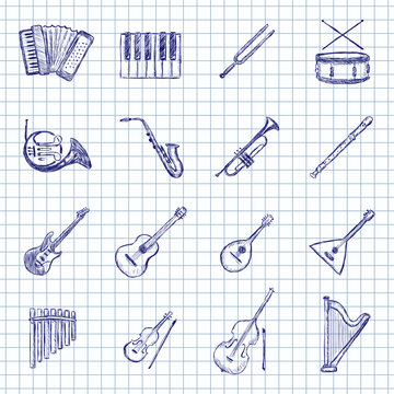 Blue Ink Sketch Set of Musical Instruments Icons