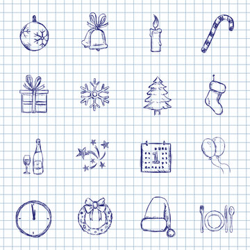 Blue Ink Sketch Set of Christmas Icons