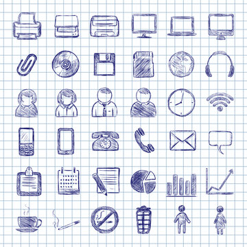 Blue Ink Sketch Set of Office Work Icons