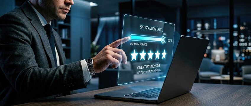 Client satisfaction assessment corporate office digital interaction modern workspace close-up view business metrics for enhanced engagement