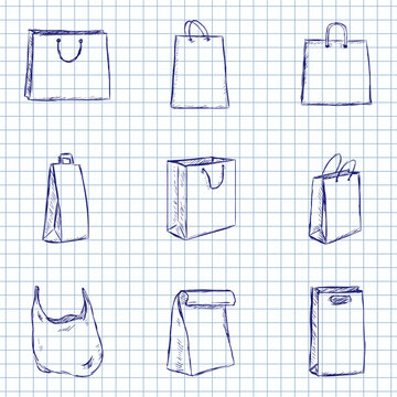 Blue Ink Sketch Set of Shopping Bags Icons
