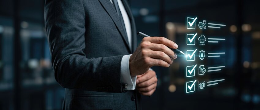 Business strategy planning corporate office digital checklist professional environment close-up view goal setting and achievement
