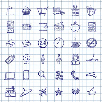 Blue Ink Sketch Set of Shopping Icons