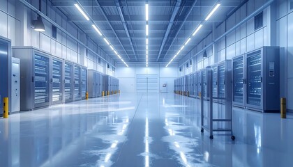 Fototapeta premium Modern data center interior with rows of server racks, long hallway