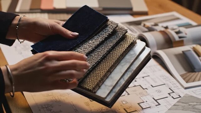 A person is holding a selection of fabric samples, with architectural plans and magazines on the table, for design choices