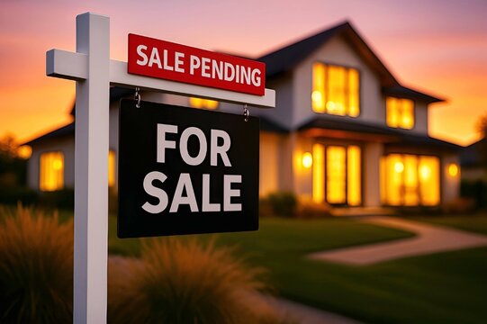 Real Estate "For Sale" Sign with "Sale Pending" Rider in Front of Blurred Residential House at Sunset