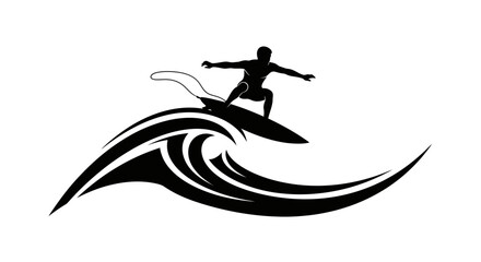 Energetic Surfer Riding Stylized Wave Logo Design, Isolated White Background © Rexsona