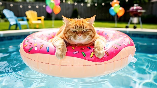 Orange cat resting on a pink donut float in a swimming pool on a summer day. Funny feline pet floating in water at a garden party. Relaxing animal during sunny backyard vacation.