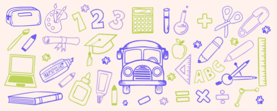 School doodle icons set in halftone dot style with school bus, calculator, graduation cap and stationery symbols