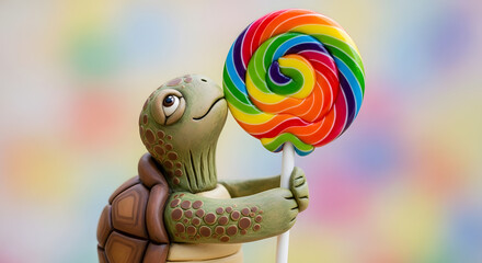 Obraz premium A cute small turtle figurine holding a large colorful rainbow lollipop.