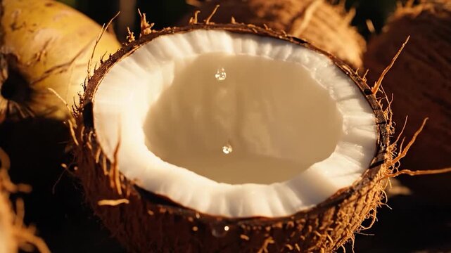 A close-up shot of several brown coconuts, one of which is cut open to reveal the white flesh and water inside, on a wooden surface
