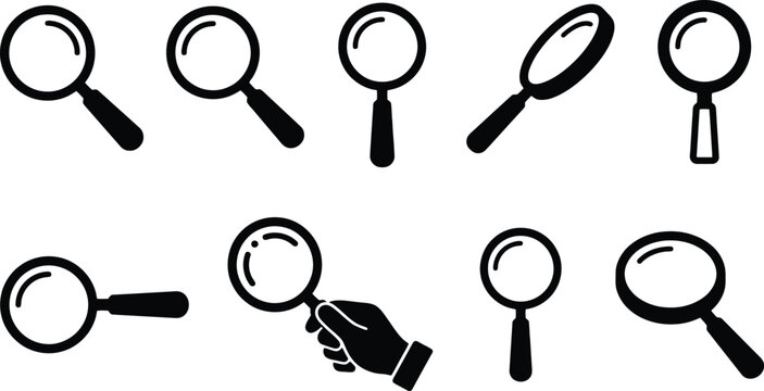 Assorted Black Magnifying Glass Icons in Different Orientations and a Hand Holding One search find
