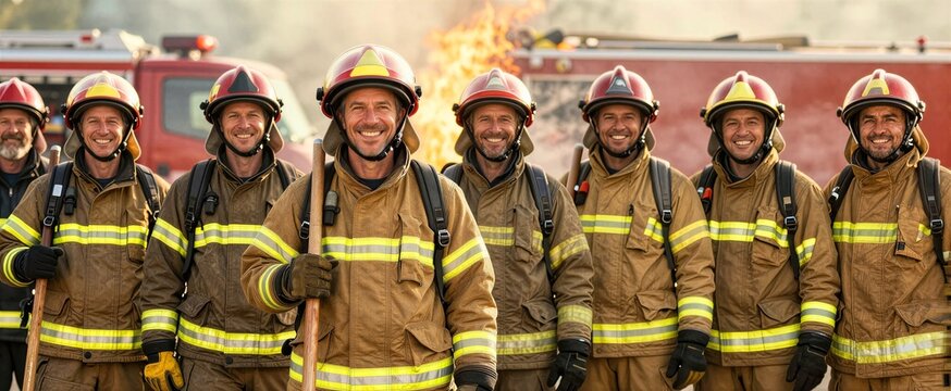 Captures Group Of Seven Firefighters Standing In To Outdoor Setting With Smoke Rising Background Suggesting Recently Involved Firefighting Activities