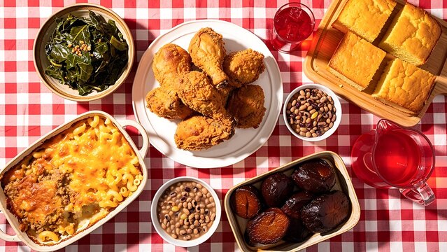 Southern comfort food dinner served on red gingham tablecloth. Fried chicken, macaroni and cheese, cornbread, collard greens, black eyed peas and sweet tea for family culinary celebration.