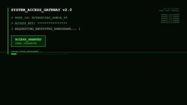 Futuristic System Access Gateway HUD Interface with Access Granted Message and Loading Secure Environment Progress Bar.