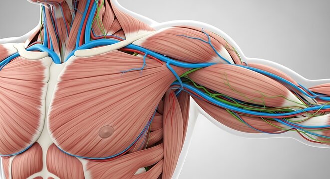 human muscular anatomy with highlighted veins and arteries