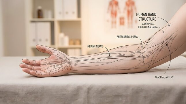 Anatomical illustration of human forearm and hand structure with labeled median nerve and brachial artery